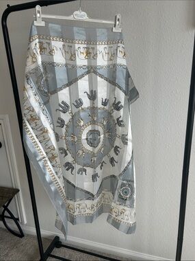 Grey & White Printed Silk feel scarf with Gold Accents